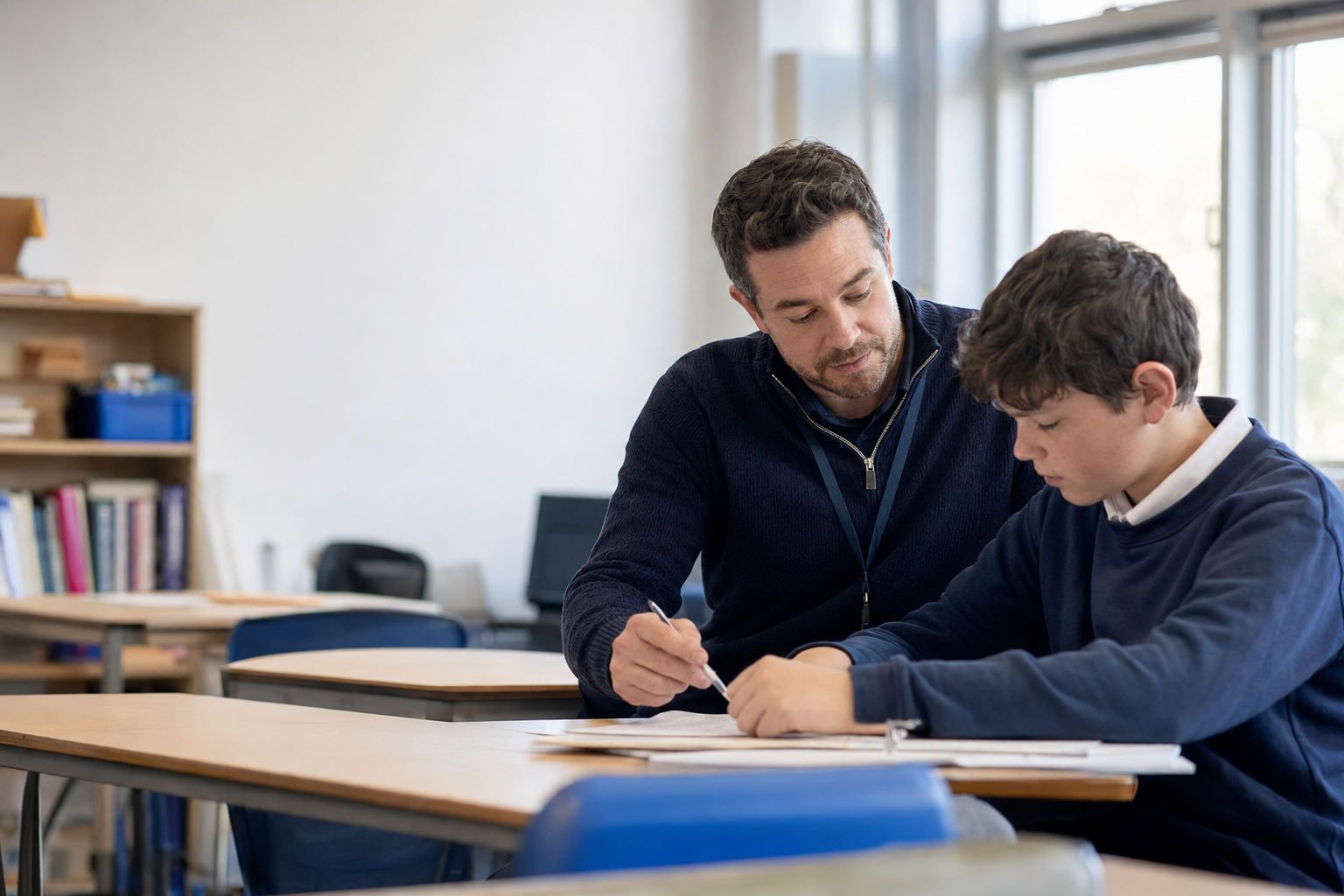 SEN teaching professional supporting a pupil in a classroom